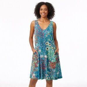 OFEEFAN Floral Sleeveless V Neck Pocket Swing Dress Blue Green L